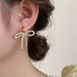 Yupsk Cute Imitation Pearl Bow Ear Buckle Hoop Earrings for Women Girls Korean Ins Style Minimalist Ear Accessories
