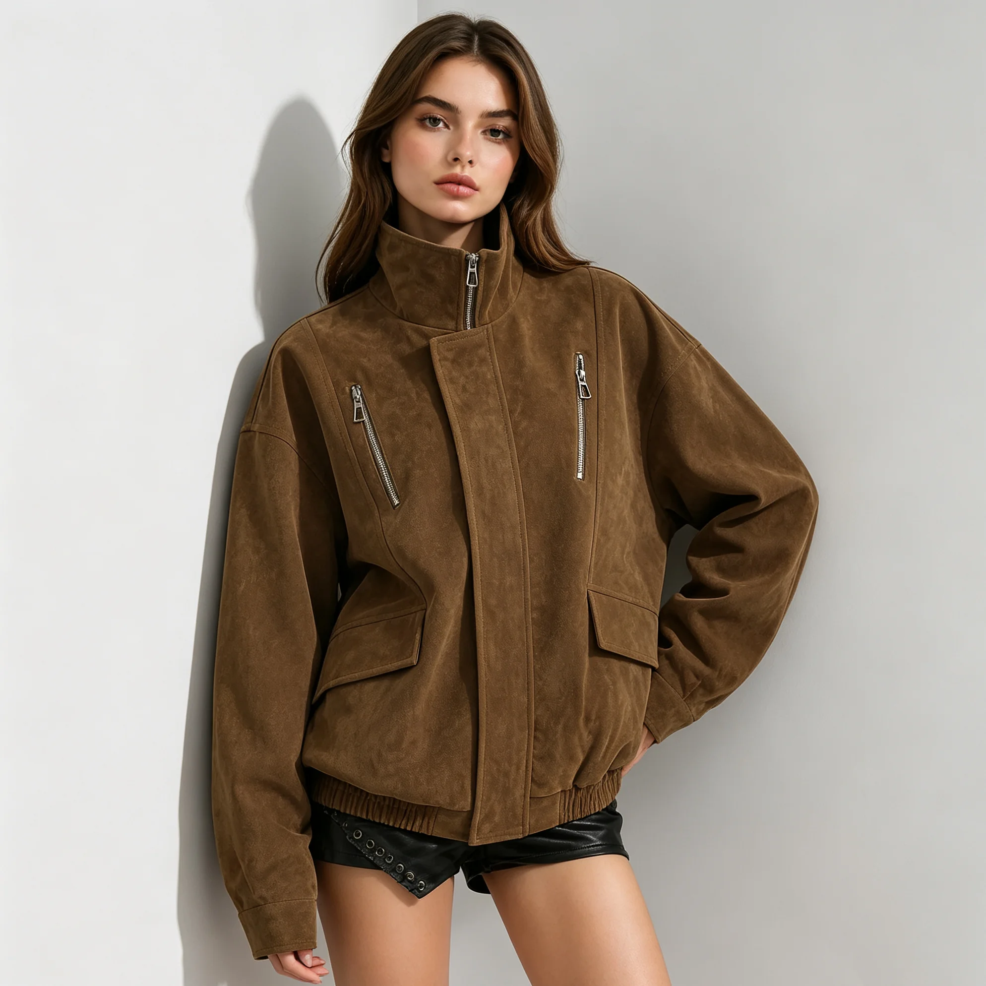 RU Women Multi Zip Stand Collar Faux Suede Bomber Jacket Elastic Band Hem Dual Patch Pockets Loose Fit Vintage Moto Outerwear