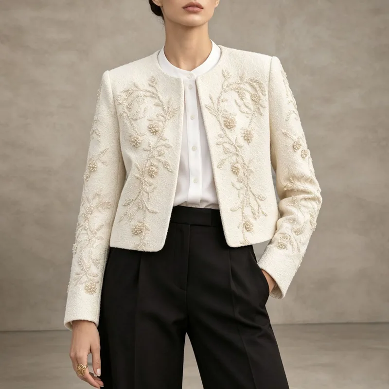HKSH Women Short Jacket Tide Elegant Stylish O-Neck Embroidered Tweed Cardigan High-end Niche Versatile Solid Color Coat HK28188