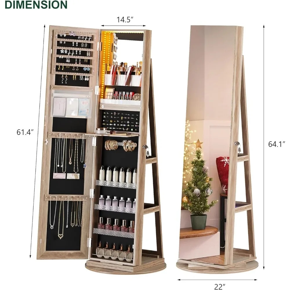 Sieradenkast 360° °   Draaibaar met verlichting en opbergruimte, spiegel over de volledige lengte met opbergruimte en afsluitbaar, sieradenorganizer