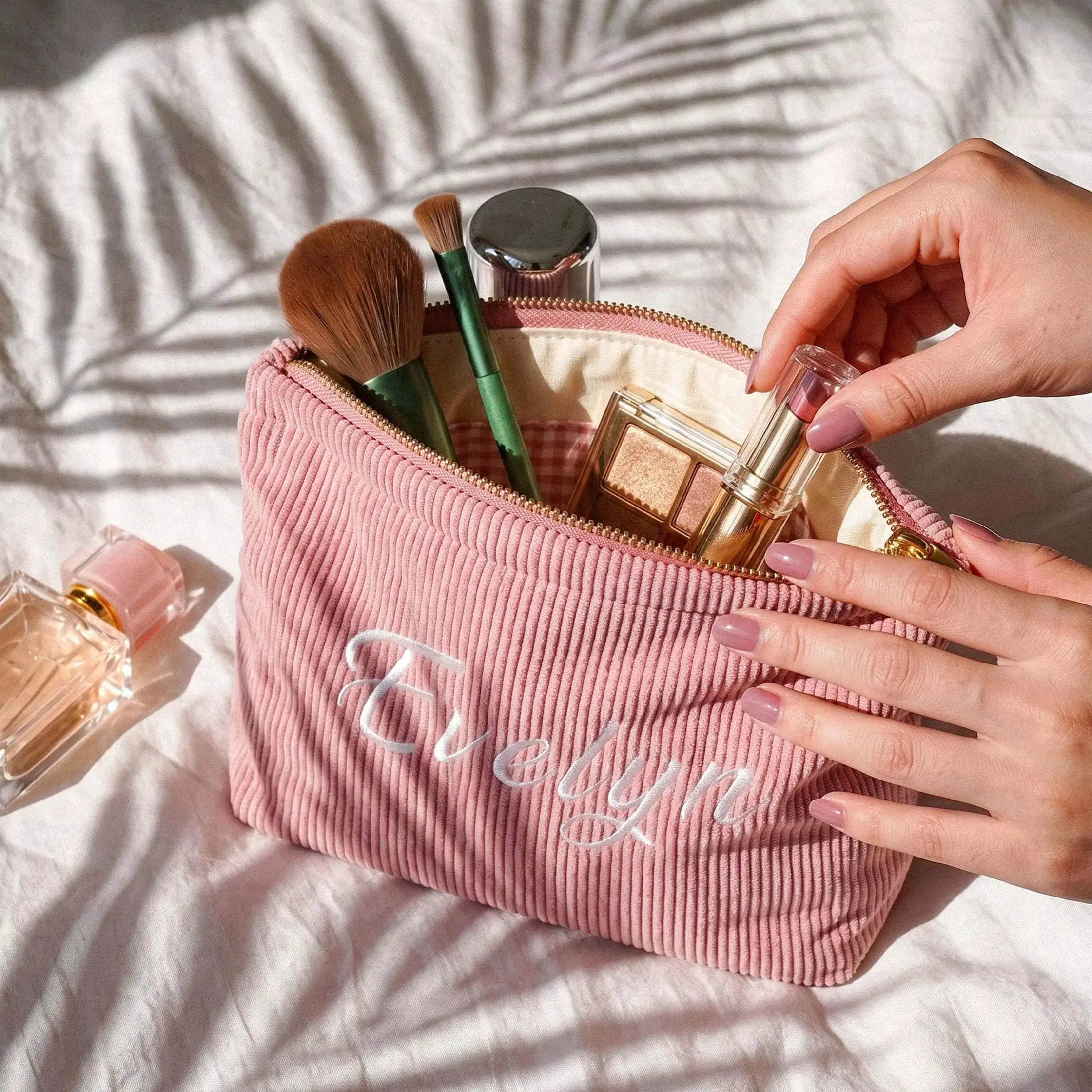 Personalized Name Corduroy Makeup Bag, Embroidered Toiletry Cosmetic Bag, Bridesmaid Proposal Gift, Wedding Party Gift for Her