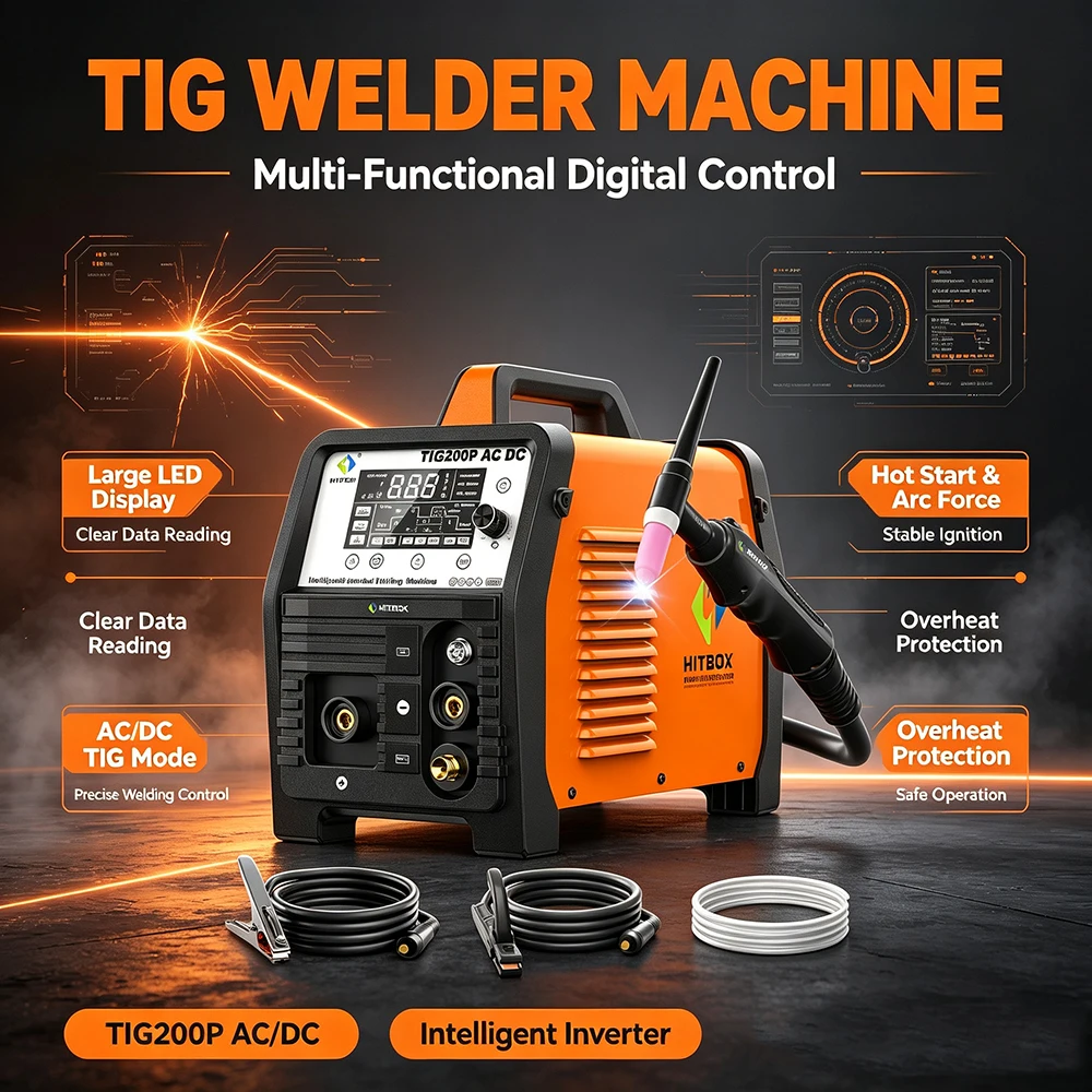 HITBOX 200A TIG200P AC/DC Machine à souder TIG pour aluminium, soudeuse MMA ARC à l'argon, soudeuse numérique à impulsions précises pour acier inoxydable, soudeuse TIG 2T/4T à points, soudeuse TIG HF, soudeuse à arc avec fonction Hot Start, soudeuse TIG à arc à commande numérique, soudeuse TIG AC Balance, soudeuse multi-processus pour usage domestique et bricolage