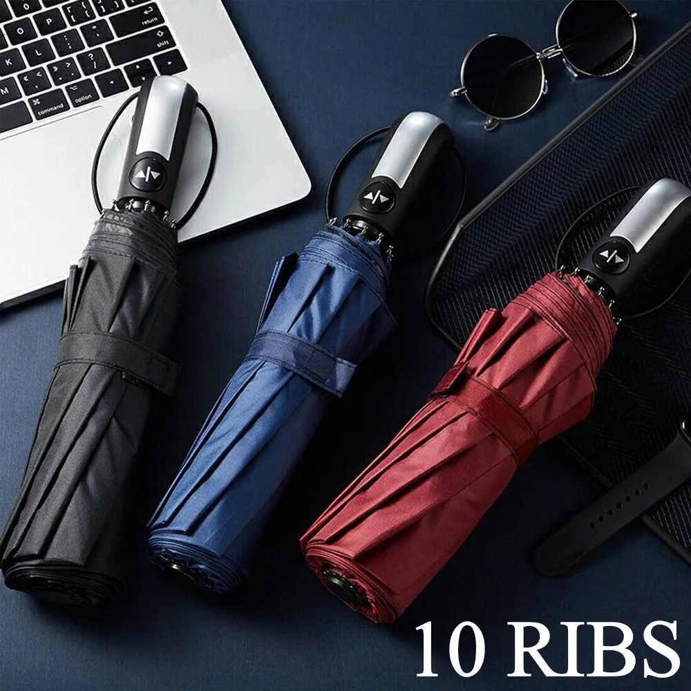 Windproof Wind Resistant 10 Ribs Strong Umbrella Automatic Open Close Folding Umbrella Compact Travel For Men and Women