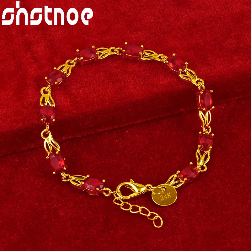 

SHSTONE 24K Gold Red Zircon Crystal Rabbit Ear Link Bracelets For Woman Party Wedding Engagement Christmas Fashion Jewelry