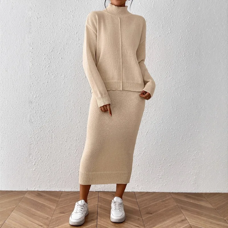 

Женский однотонный элегантный темпераментный однотонный костюм, пуловер с полуводолазкой, свитер, юбка, юбка, комплект из двух предметов