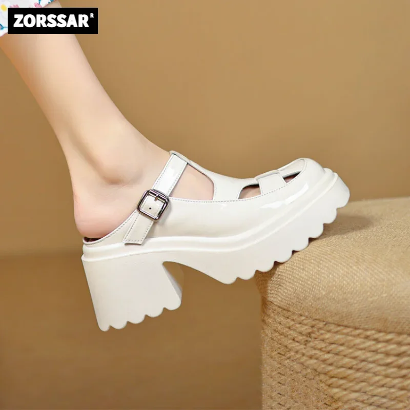 Patent Leather Women Mules Slippers Pink Black High Heels Sandals Female Slip On Casual Summer Outside Ladies Slides Shoes