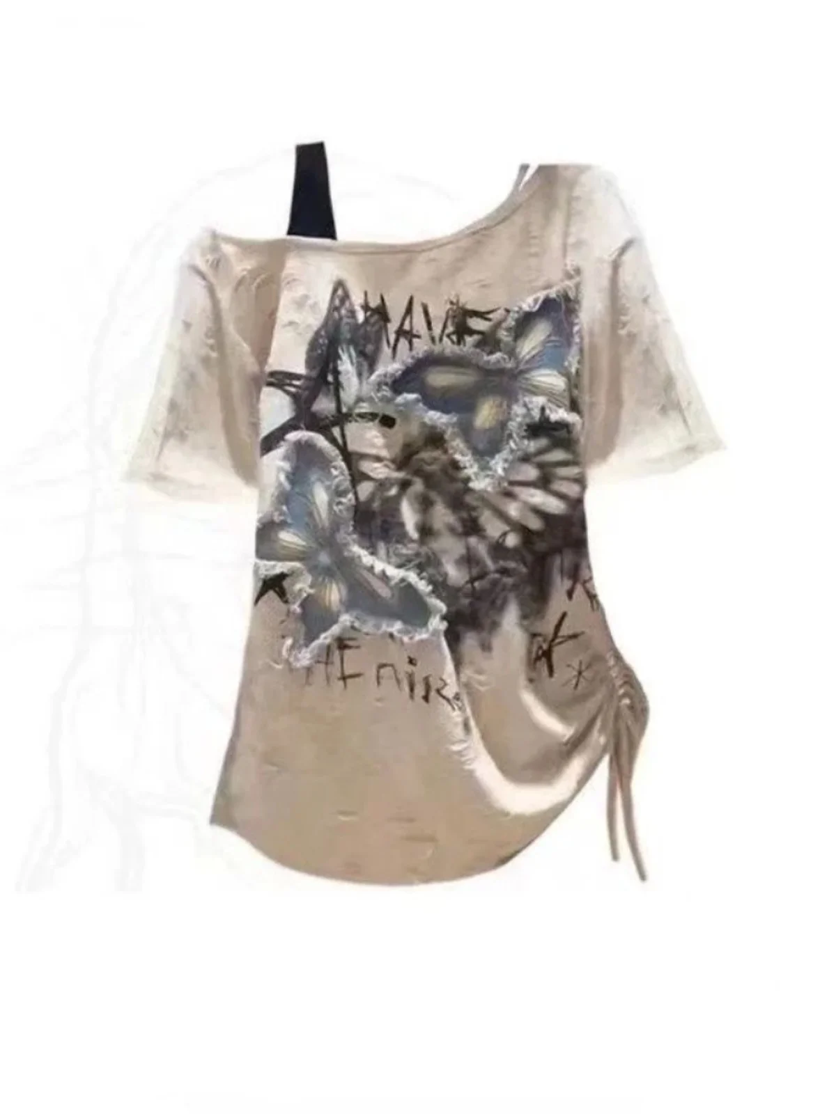 Damska bluzka z odkrytymi ramionami, kwiatowy wzór, plisowana, krótki rękaw, styl uliczny, regularny krój, letnia, odprowadzająca wilgoć, poliester.