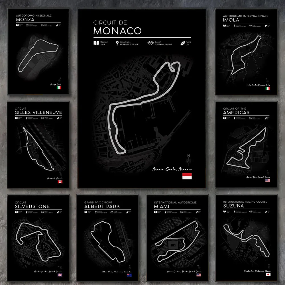 2025 F1 Track Posters, Black F1 Wall Art Poster F1 Circuit  Decor Posters Gift Silverstone UK Monaco Monza