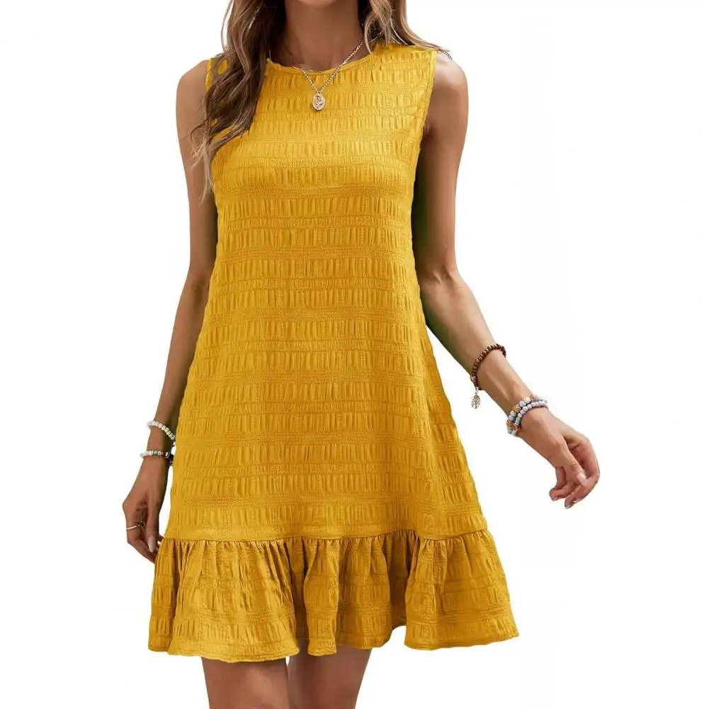 Vestido corto plisado con textura, minivestido elegante de corte en A, dobladillo plisado de retazos con volantes para ir de compras, citas de verano, informal