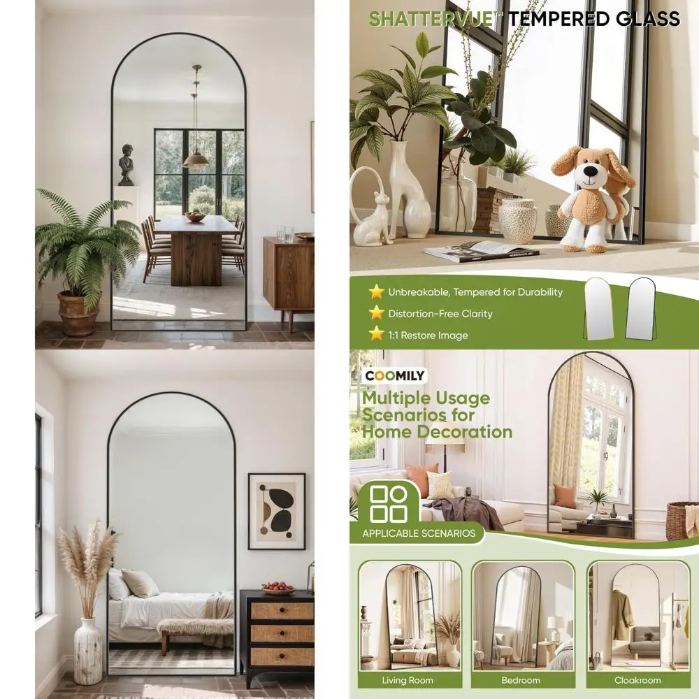 アーチ型の全身鏡、スタンド付き、71 x 26インチ、寝室、リビングルーム、ジム、寮用フロアミラー - 飛散防止、ロングタイプ