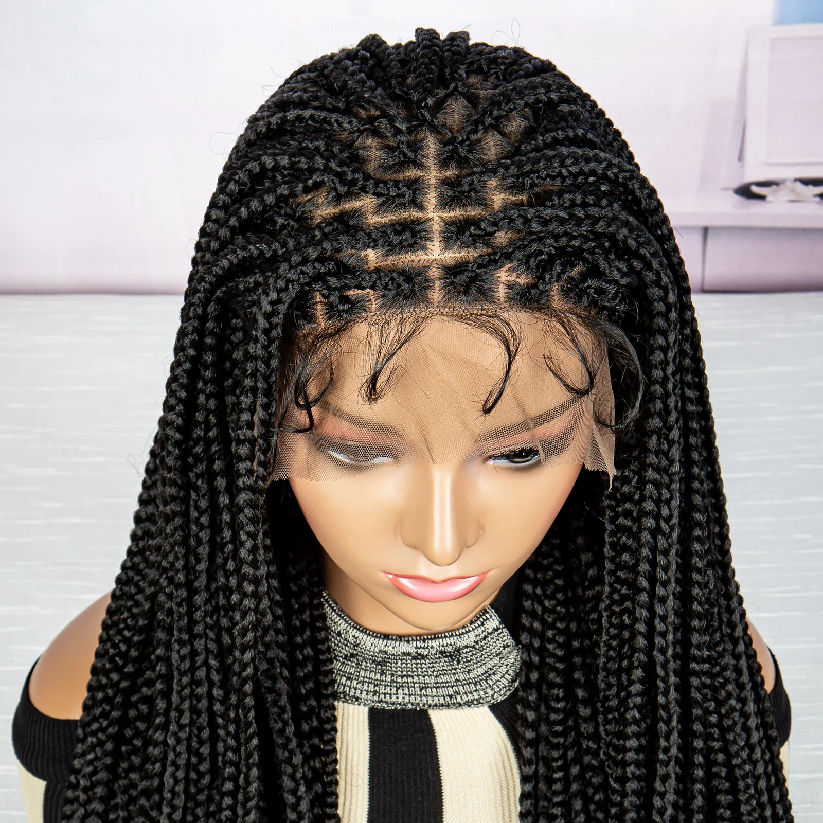 Synthetic Braided Wig Synthetic Hair Lace Front Wigs Box Braided Wigs for Black Women 36 Inches Micro Braids Wigs with Baby Hair