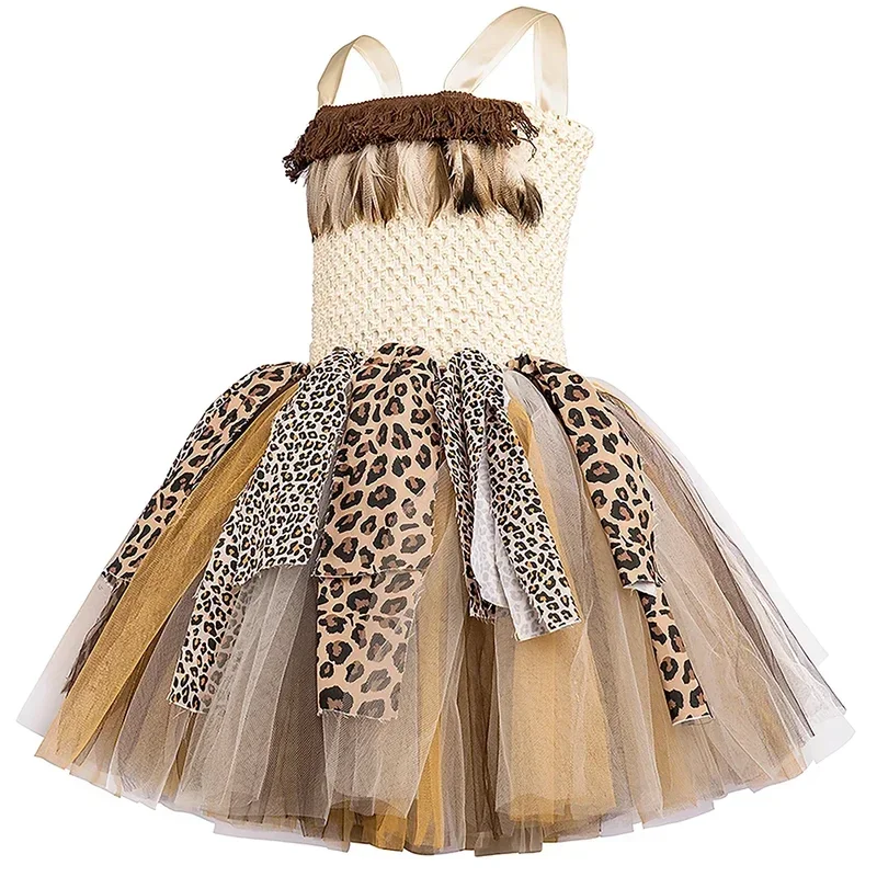 

RT01 Savage Primitive Caveman Tutu Dress for Girls Leopard Indian Indigenous Cave Girl Costume Kids Halloween Carnival Party*Jk2