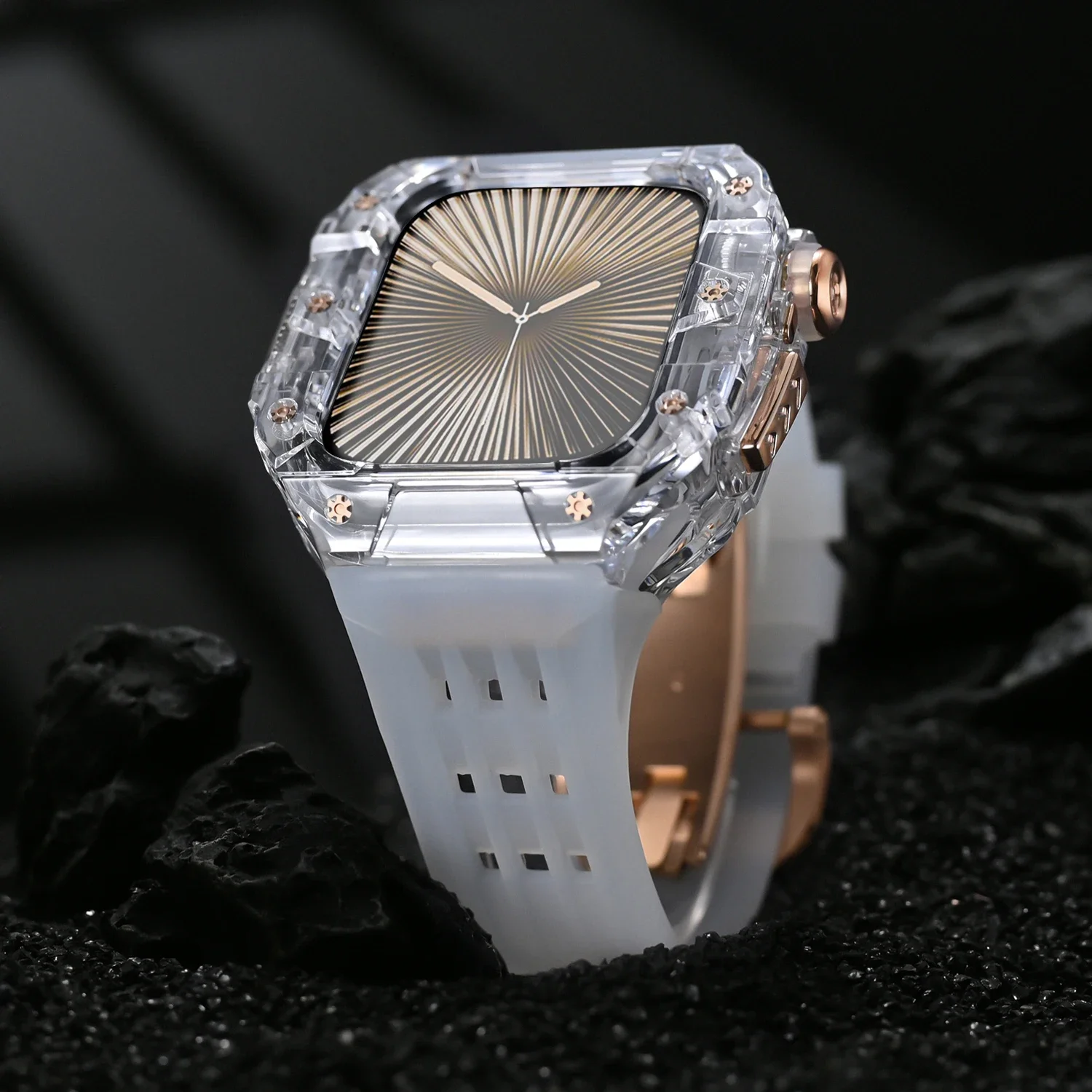 Kit di modifica in stile ghiacciaio di lusso per Apple Watch S10 46mm Bazel trasparente per IWatch Series10 Accessorio cinturino in caucciù da 46 mm