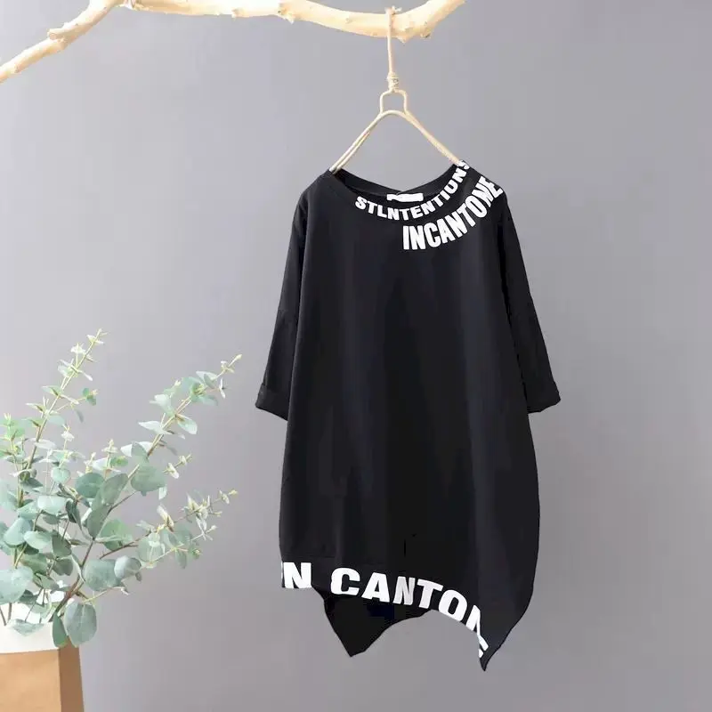 100% Cotton T Shirt Women Fashion Design Niche Letter Round Neck T-shirt Short-sleeved Mid-length Loose Casual Summer Tshirts