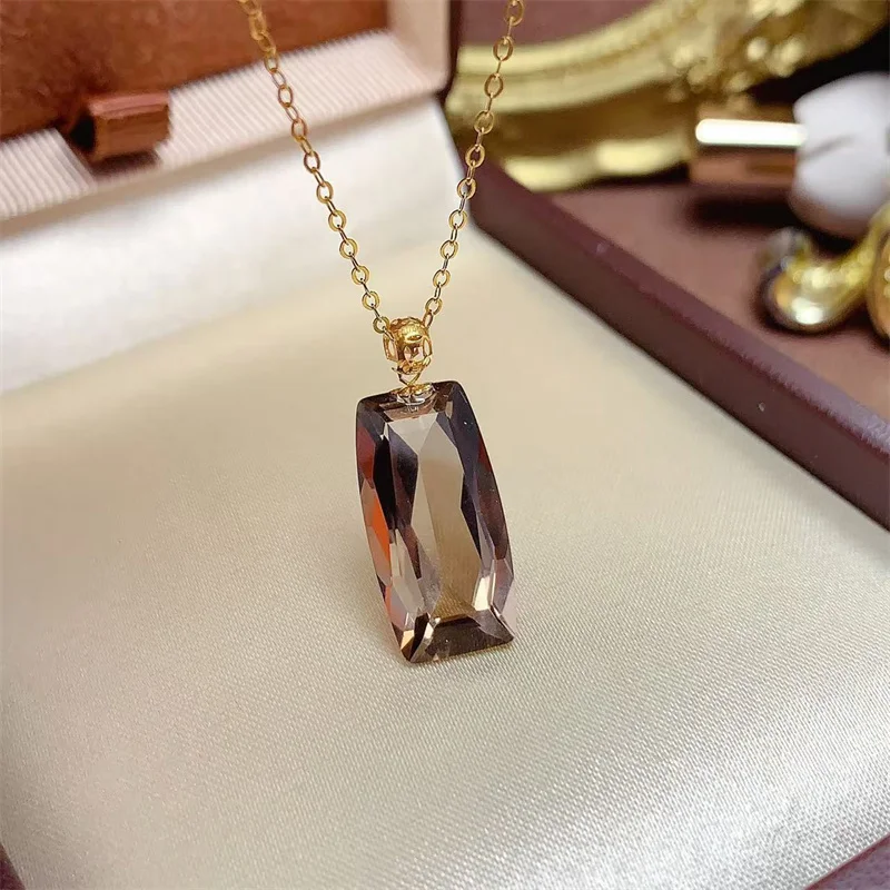 

18k Yellow Gold Fine Girl Women Fine Elegant Natural Smoky Quartz Genuine Necklace Pendant for Women Elegant Fine Jewelry Gift