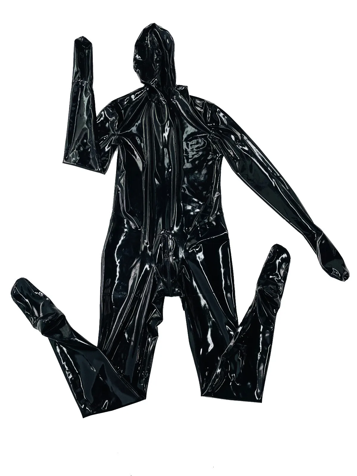 

Men's Latex Rubber Bodysuir, Open Nose Vents Only, Fingerless Gloves, Back Zipper