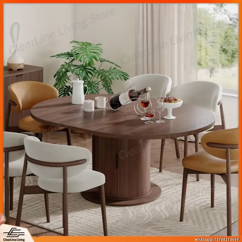 Extendable Round Dining Table 47 to 63 Inches with Pedestal Base Storage Mid Century Modern Farmhouse Kitchen Living Room