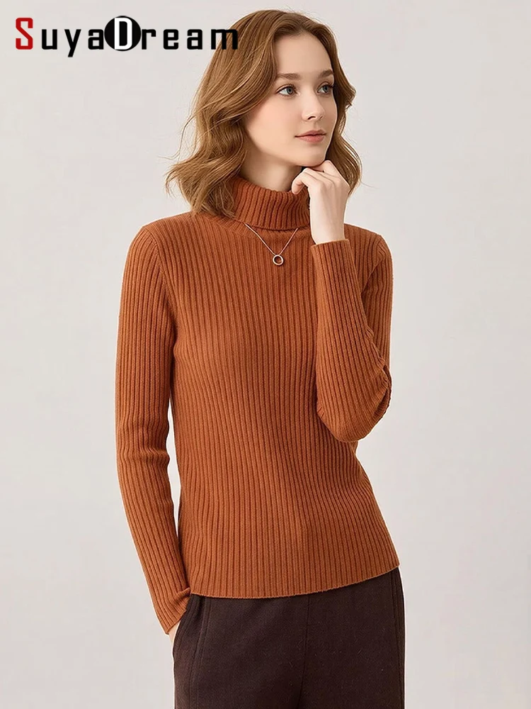 SuyaDream, 2026 Winter Ladies Sheep Wool Ribbed Knit Pullover, Seamless One Piece Turtleneck Slim All-match Thermal Top