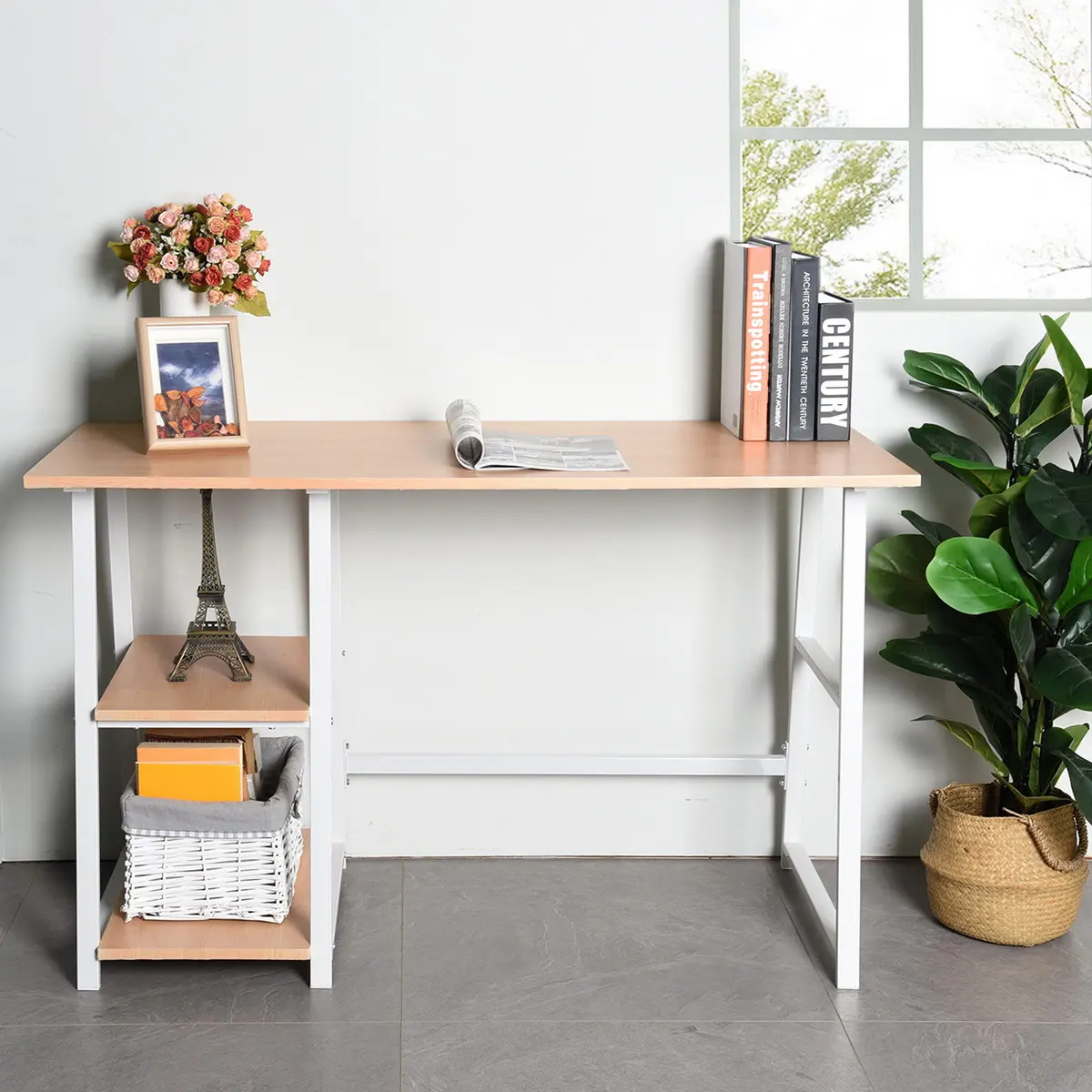 Computer Desks 2 Storage Open Shelves Light OAK Working Standing Office Desk for Small Space Home Use