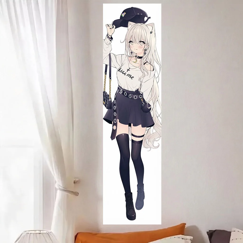 Y2K Neko Girl Tapestry Silver Long Hair Cat Ear Anime Wall Hanging Polyester Bedroom Dorm Background Goth Manga Room Decor Gift