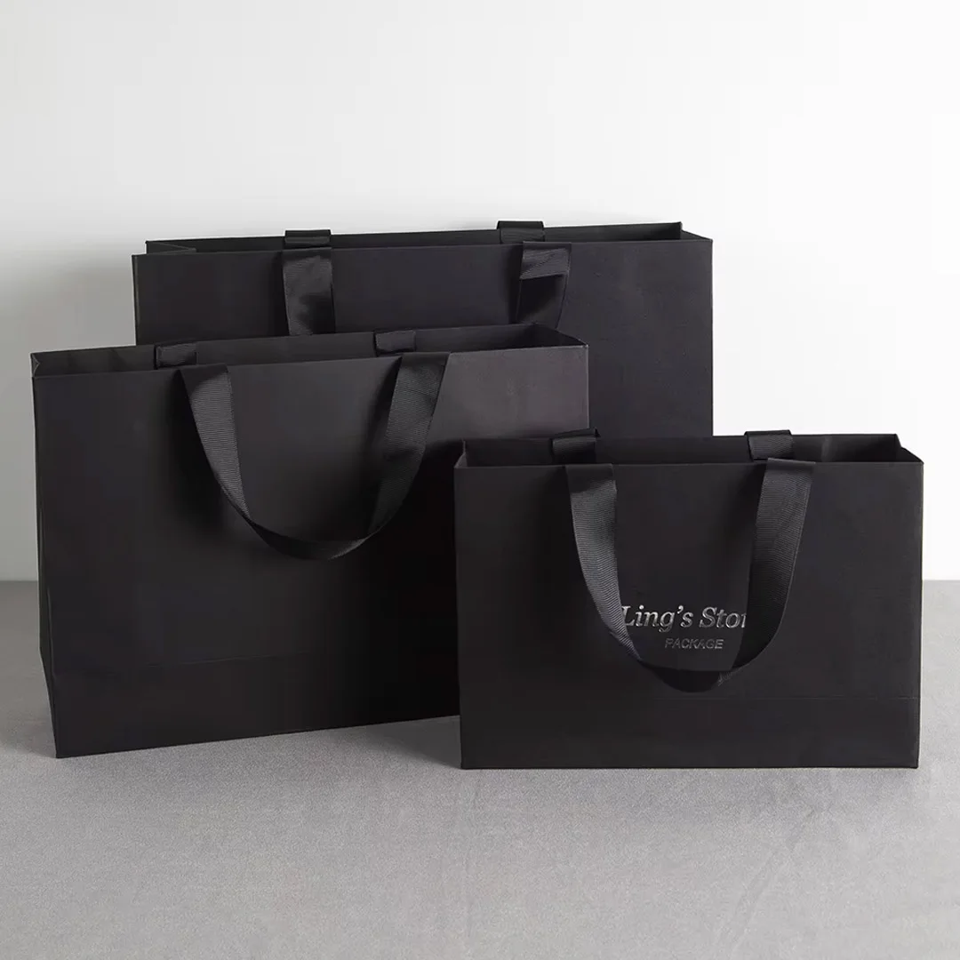 Custom Logo White Paper With Black Ribbon Shopping Tote Jewelry Bag Wedding Personalized Organizer Boutique Gift Storage