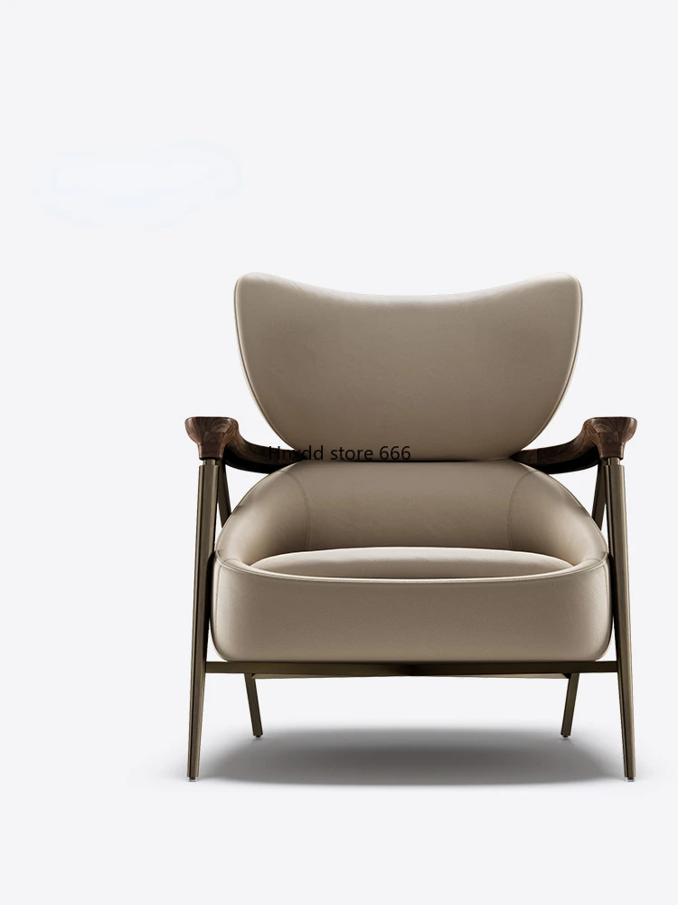 Italian minimalist all-leather walnut lounge chair