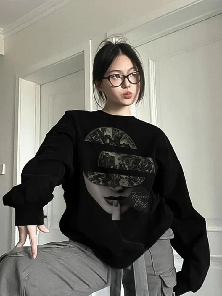 Long Sleeve Sweatshirts Women Black Printed Cool Girls Tops Pullover No Hat Hoodies Autumn Warm Cozy Fashion Ulzzang Aesthetic