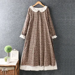 Women's Mori Girl Floral Print Embroidery Vintage Dress, Long Sleeve, Kawaii, Peter Pan Collar, Cotton Linen, Casual, Japan Styl