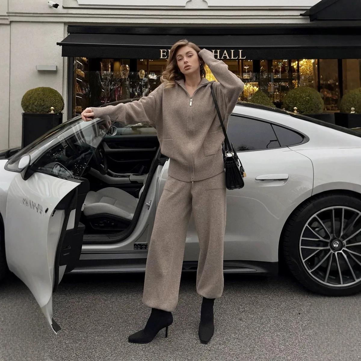 2 Piece-Set Casual Outfits Lapel Patchwork Zipper Jacket Outwear and Straight Trousers Sets Female Pants