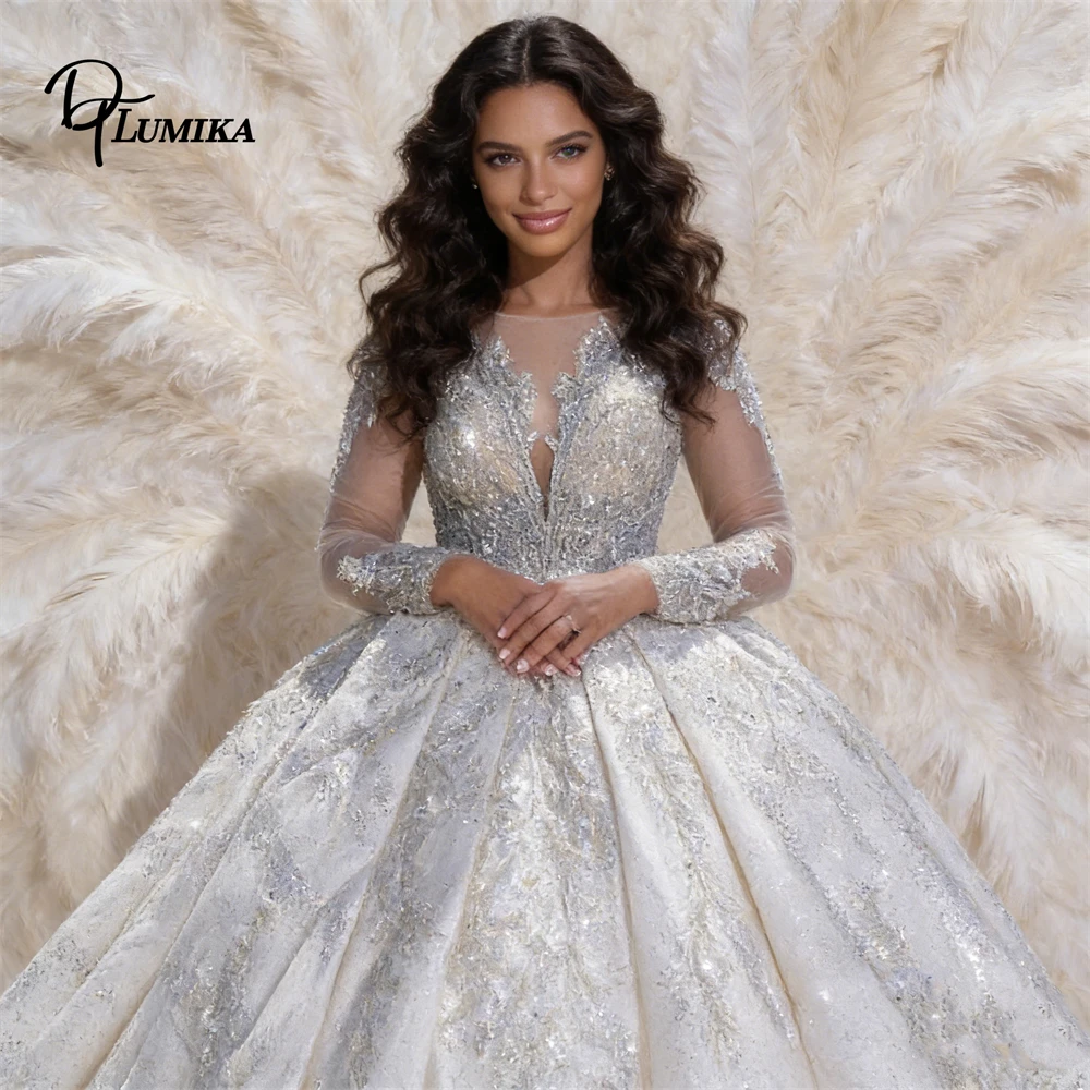 

Женское серебристое свадебное платье-бальное платье с блестками, длинными прозрачными рукавами, пайетками и шлейфом, гламурное, для торжественного свадебного приема