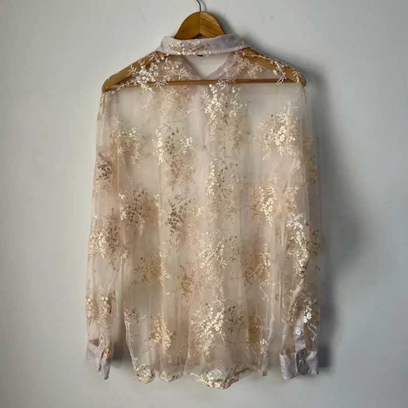 WVGA Spring Summer New Man Embroidery Flower Perspective Mesh Fashion Design Long Sleeve Shirt Niche Chic Casual Tops Ins W10589