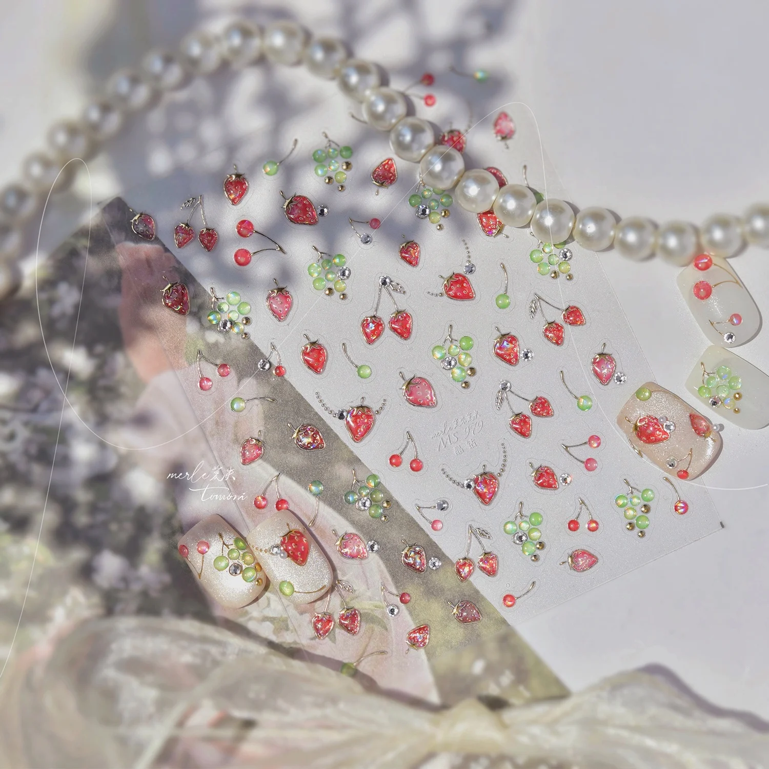 1PCS 5D New Strawberry Cherry Nail Sticker Embossed Grape Green Manicure Accessories Fruit Necklace Accessories Style Nail Parts
