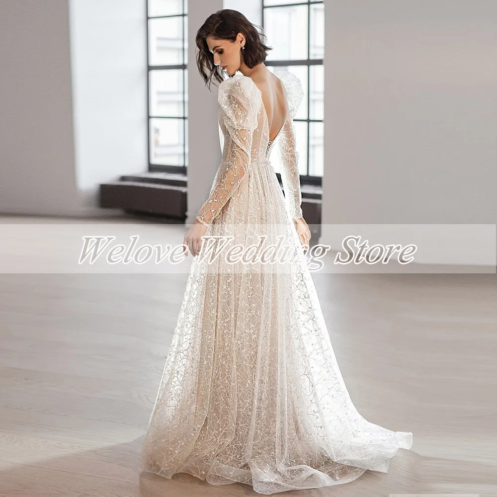 Romantic Wedding Dress Puff Sleeves Floor Length Bridal Gown For Bride Boho Applique Double V Neck Vestido De Noche Backless