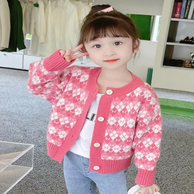 2024 New Girls Fleece Lined Knitted Cardigan Coat for Baby Children Spring Autumn Season Fashionable Warm Cute Top Clothing