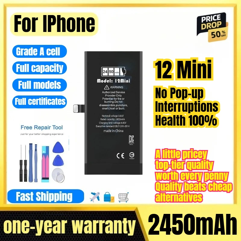 A2399/A2176 for IPhone 12 Mini Phone Battery No Pop-up Interruptions Health 100% Replacement Bateria Grade A Cell with Tools
