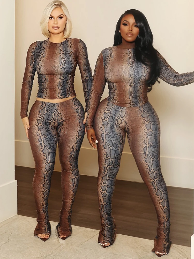 Nibber Heiße Mädchen Serpentine Print 2 Stück Set Frau oansatz Volle Hülse Tops + Dünne Pfirsich Hüfte Lange hosen Straße Sexy Mode Anzüge