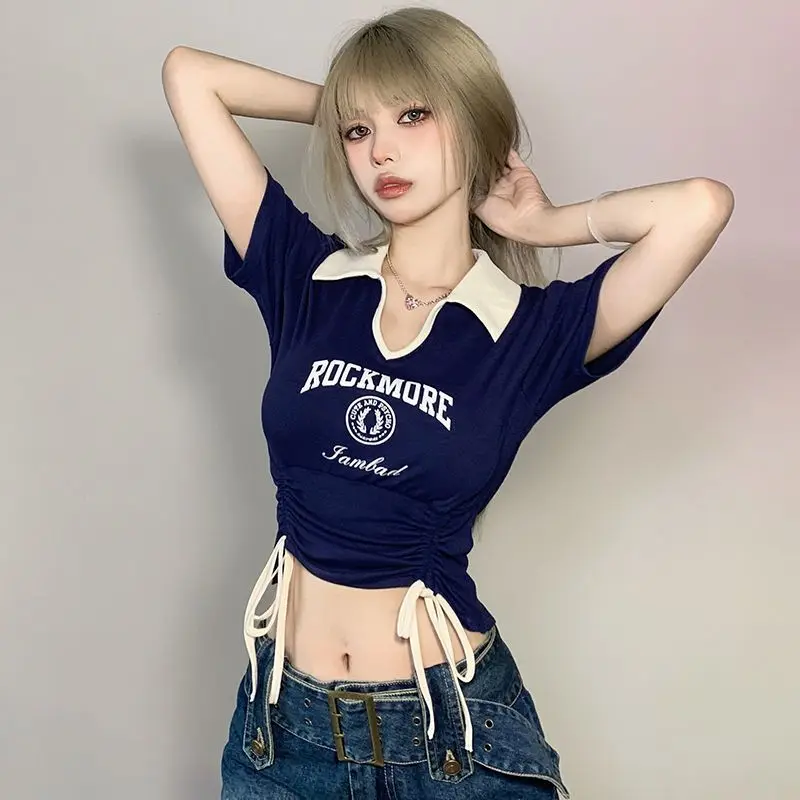 セクシーなトレンディな甘いクロップトップ巾着女性 Tシャツブルーポロカジュアルスキニースリム夏 2025 基本トップ Tシャツ Tシャツ女性のための