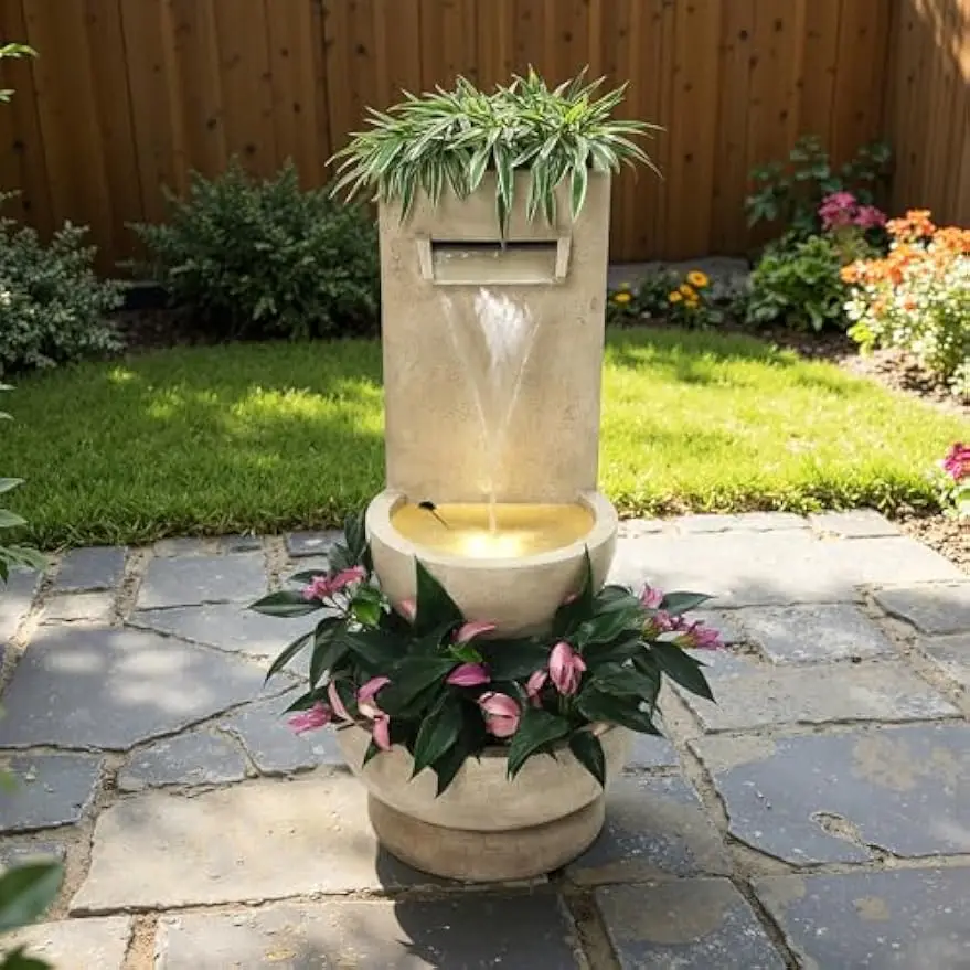 Resin Outdoor Fountain Planter LED Light Water Feature Garden Backyard Porch