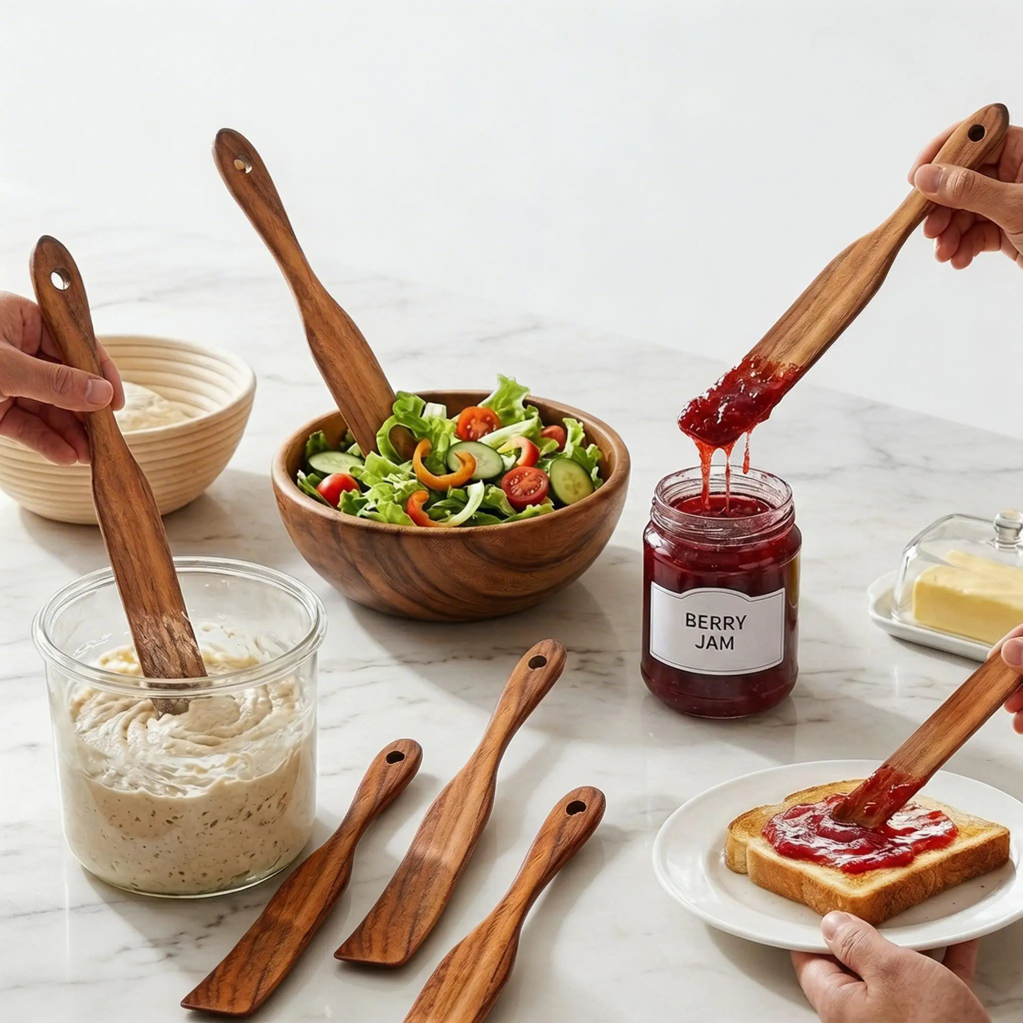 4Pcs Wood Stir Spurtle 11inSkinny Flat Stirring Stick Salad Batter Mixer Bread Jam Scraper Sourdough Mixing Spurtle Kitchen Tool