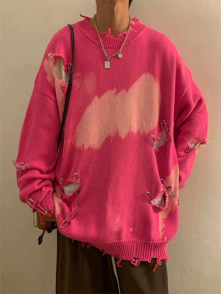 Suéter para hombre, ropa de punto, ropa de calle holgada Y2k para adolescentes, temperamento americano, diseño rasgado, Unisex, Hipster Chic, informal