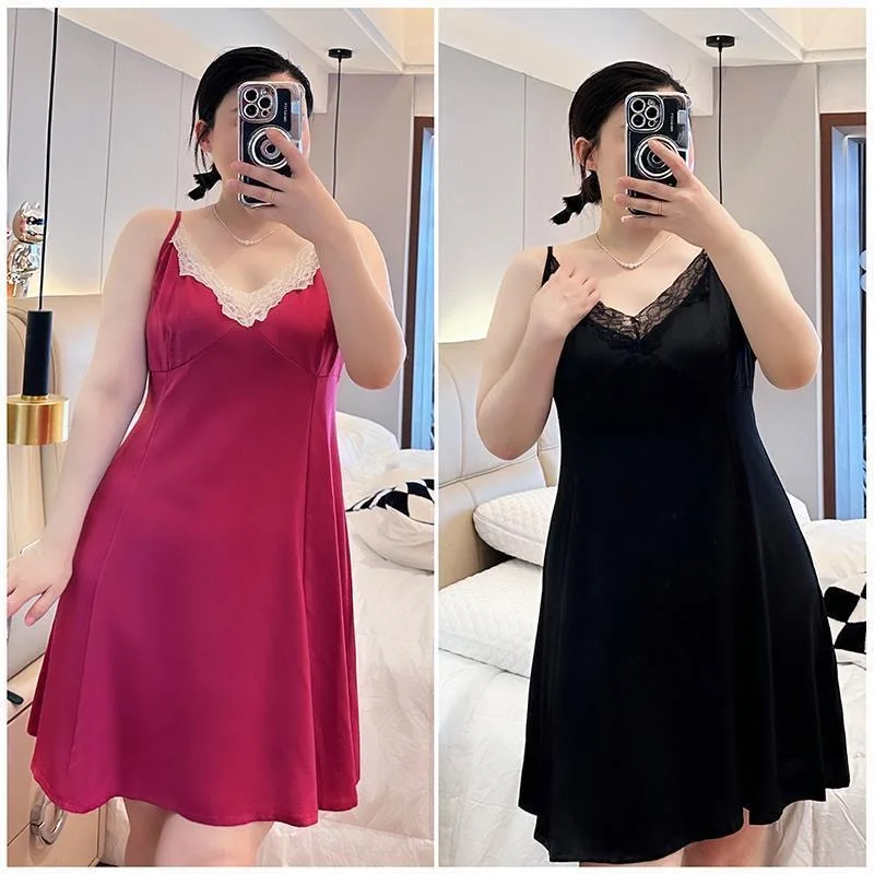 New Plus Size Women Nightgowns V-neck Sleeveless Suspende Sexy Sleepwear Solid Color Paneled Lace Luxe Night Dress Summer Thin