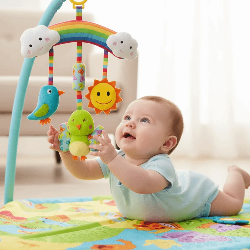 Giocattoli in Peluche per Neonati, Sonagli Sensoriali Morbidi, Campanello Colorato Arcobaleno, Giocattolo in Peluche con Funzione Massaggiagengive, Giocattolo per Seggiolino Auto 0-12 Mesi