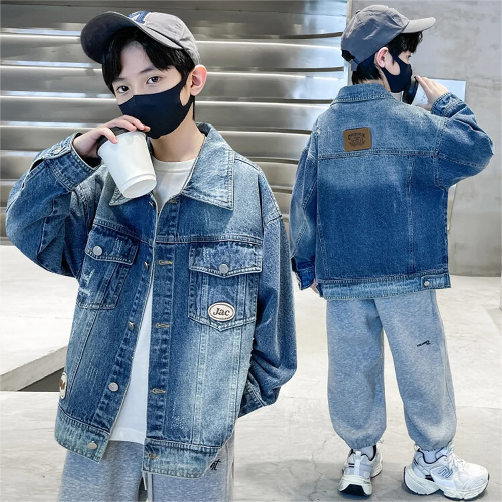 

276 Boy's Broken Hole Denim Coat Youth Spring Fashion Girl's Coat Children's Denim Shirt Coat