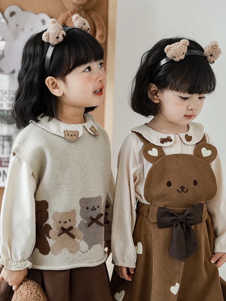 Girls Bear Autumn Dress Cute Cartoon Embroidered Baby Children Long Sleeve Shirt Fashion Overalls