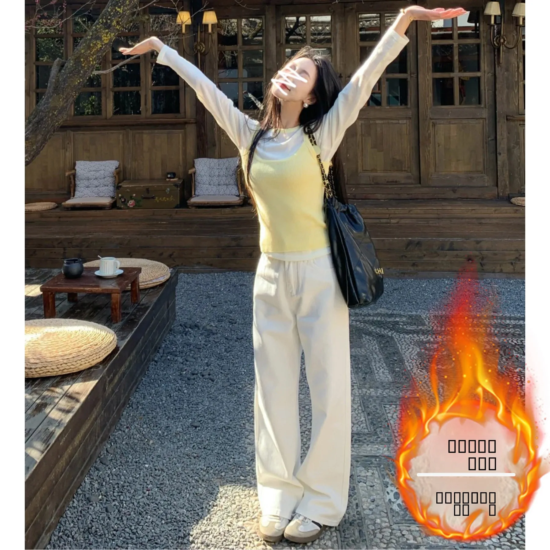 

Широкие джинсы с высокой талией на подкладке, женские свободные утягивающие драпировки, узкая версия, длиной до пола, прямой крой, зимние джинсовые брюки