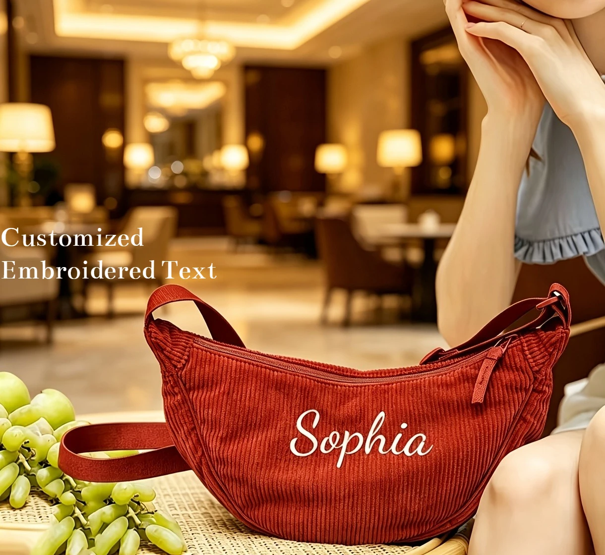 Personalized Name Embroidery Corduroy Crescent Bag Women Crossbody Shoulder Purse Adjustable Strap Travel Casual Handbag Gift