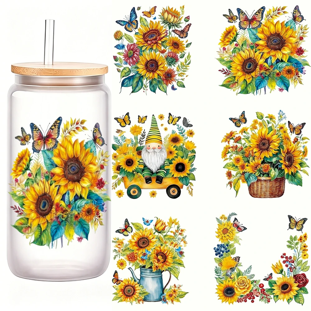 

3D UV DTF Sunflowers Bees Transfer Sticker For Glass Cup Golden Sunflower Flowers Waterproof Crystal Adhesive Transfers Decals