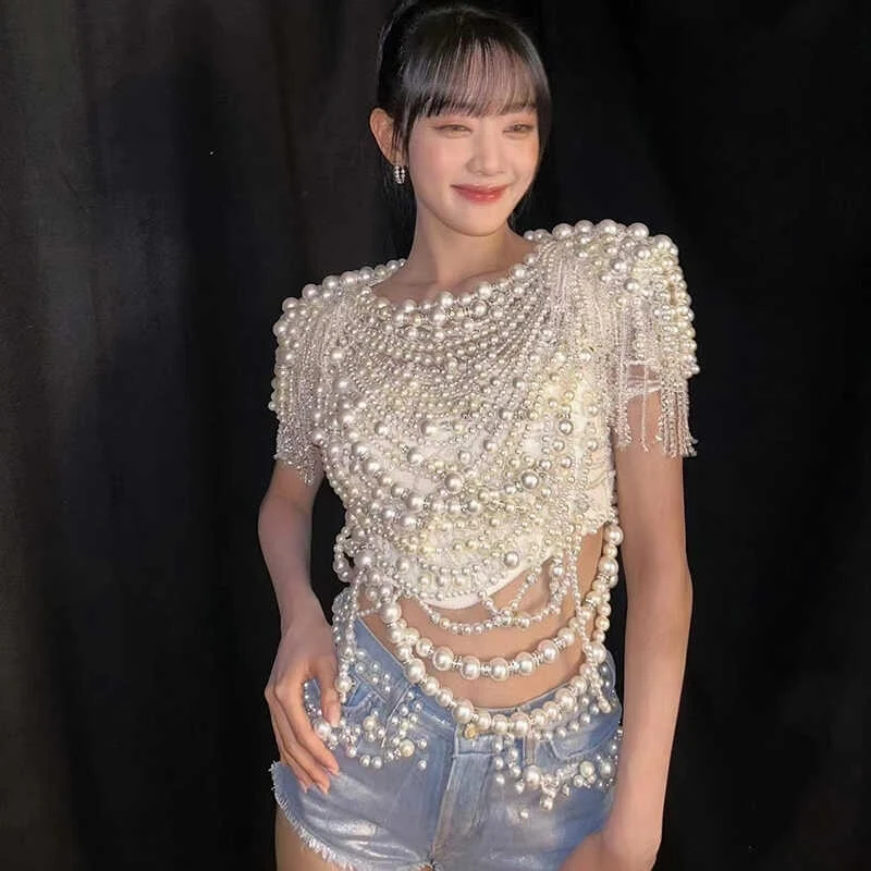 High-end Pearls Top Shorts Women'S Group Kpop Outfits Jazz Dance Costume Dj Ds Stage Performance Hip Hop Clothes DWY10063