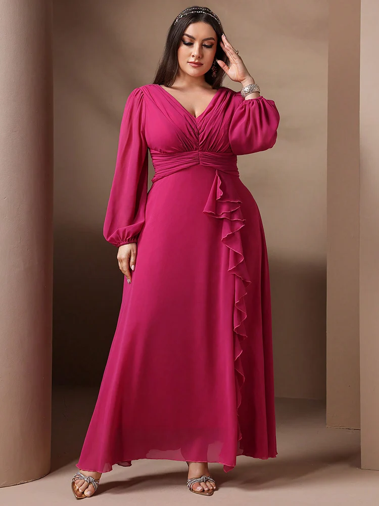 TOLEEN 2024 New in Casual Ruffle Elegant Formal Party Maxi Dresses Plus Size Women Solid Color Simple Daily Long Sleeve Dress