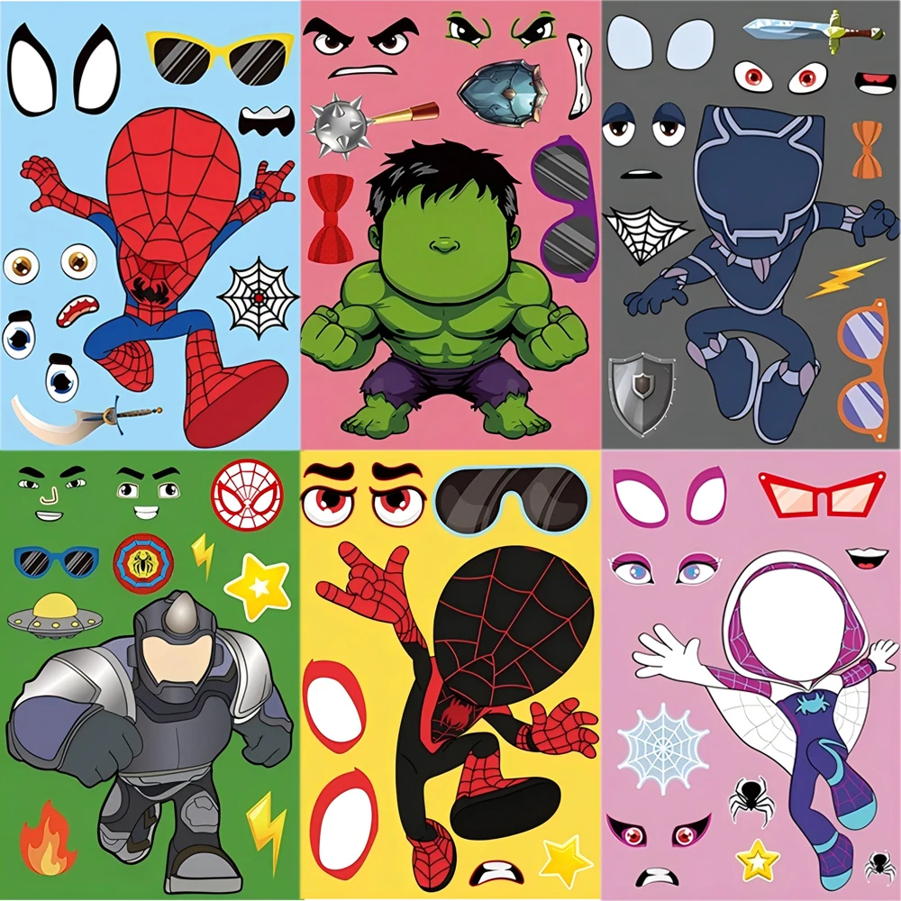 8/16Sheets Marvel The Avengers Make a Face Cartoon Stickers Cool Spider-Man Amazing Friends Anime Assemble Jigsaw Toys Gifts